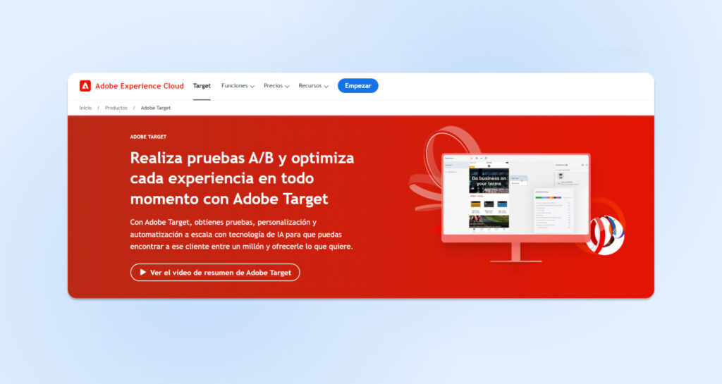 Captura de pantalla del sitio Adobe Experience cloud, mostrando la herramienta de pruebas A/B, Adobe Target