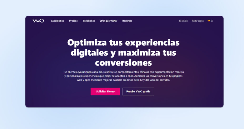 Captura de pantalla página principal de VWO, herramienta de pago para pruebas A/B