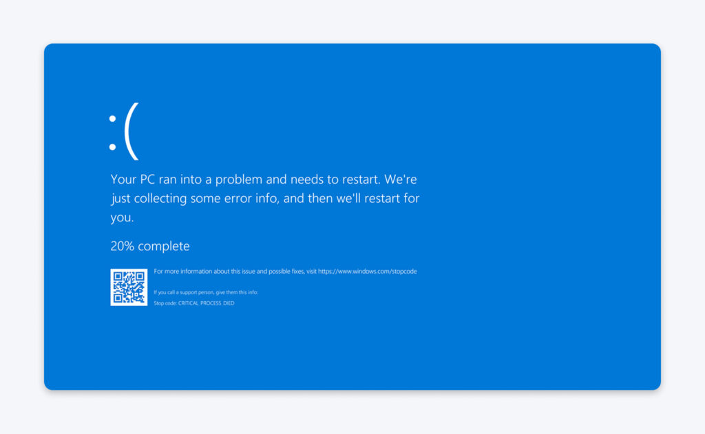 Pantalla azul de Windows que muestra un mensaje indicando que la PC tuvo un problema y necesita reiniciarse, con el progreso al 20% completado.