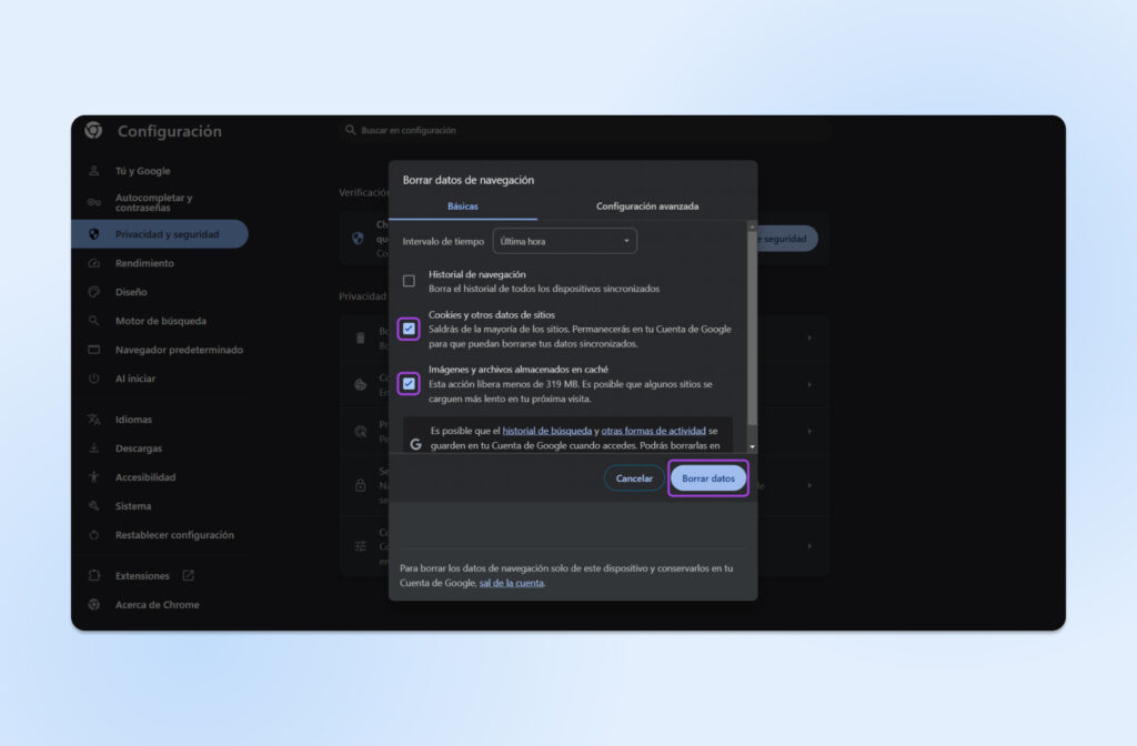 Clear browsing data Pop-up de configuración de Chrome para borrar datos de navegación, mostrando opciones para cookies, archivos en caché y otros datos.
