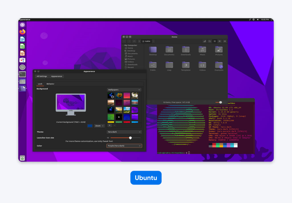 Interfaz de escritorio de Ubuntu con un fondo púrpura que muestra la configuración, el administrador de archivos y una ventana de terminal con información del sistema y salida de color.