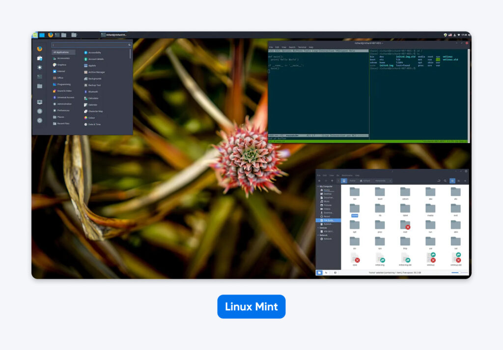 Escritorio de Linux Mint que muestra el panel del menú, el explorador de archivos y ventanas de terminal sobre un fondo floral en primer plano.