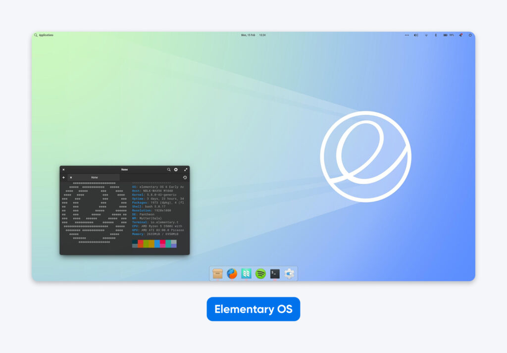 Escritorio de Elementary OS con un dock minimalista, un fondo degradado azul claro y una ventana de terminal que muestra detalles del sistema y salida de color.