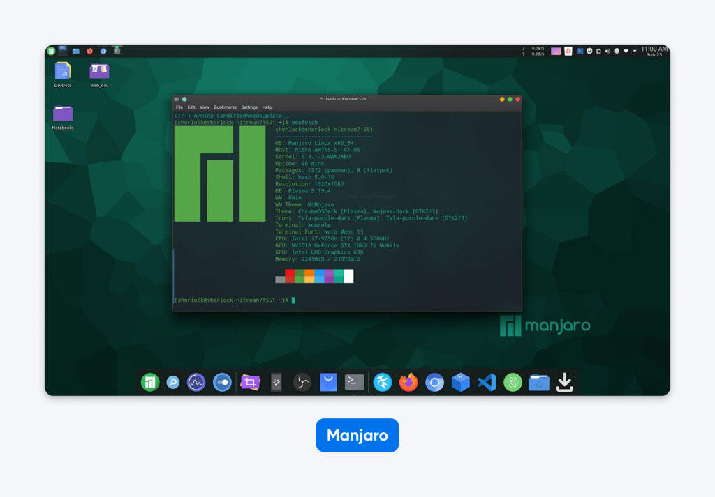 Escritorio de Manjaro con un fondo geométrico verde oscuro, íconos del dock en la parte inferior y una ventana de terminal que muestra información del sistema y una paleta de colores.