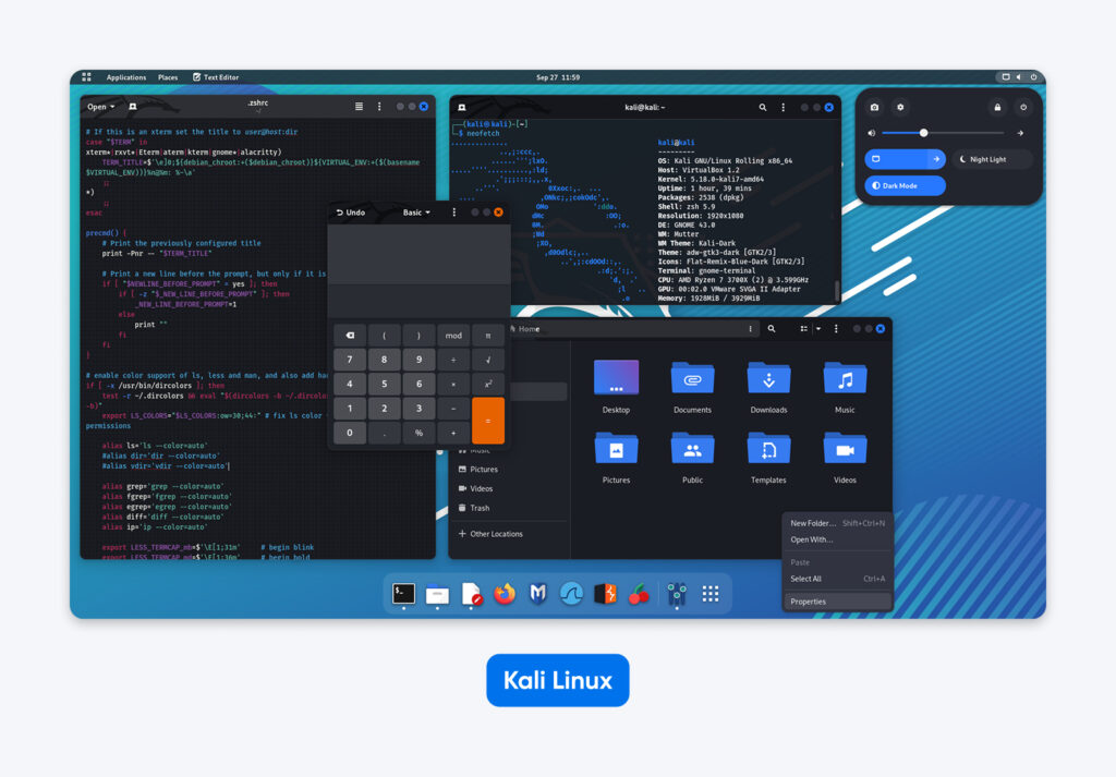 Escritorio de Kali Linux con un fondo azul que muestra ventanas de terminal, el explorador de archivos, una calculadora y un panel del sistema para editar la configuración de red.