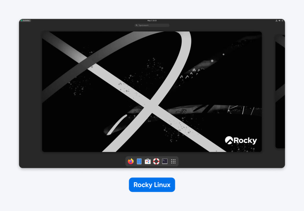 Escritorio de Rocky Linux con una interfaz oscura, íconos de dock minimalistas y un fondo de pantalla abstracto en blanco y negro con el logotipo de Rocky.