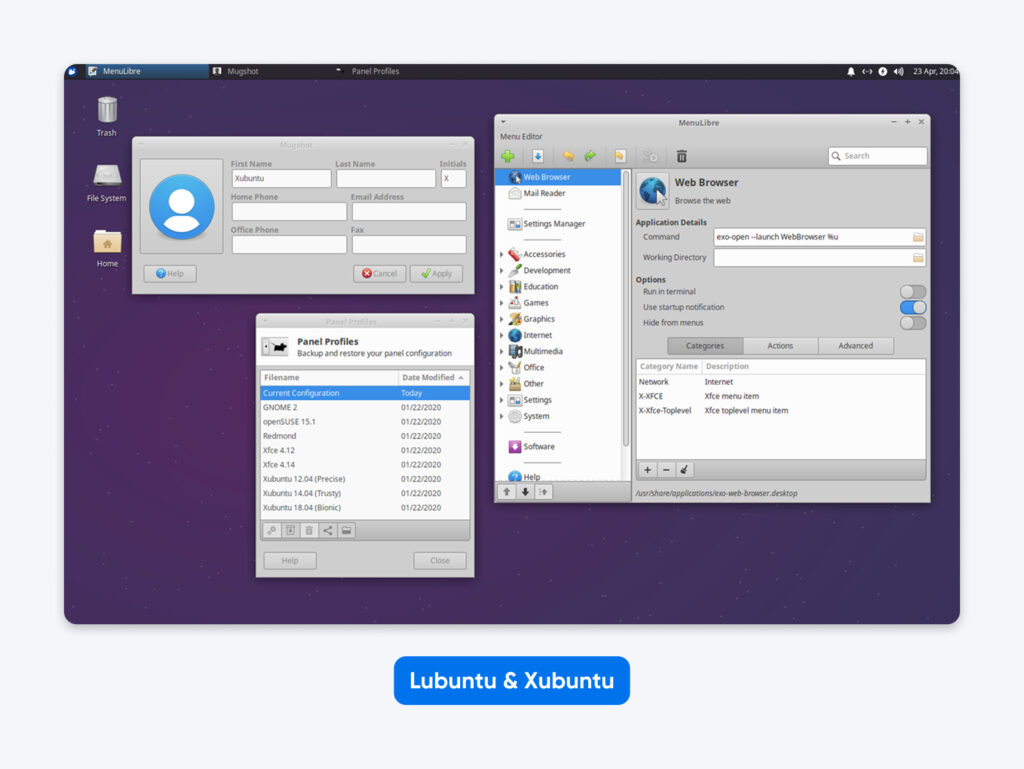 Escritorios de Lubuntu y Xubuntu que muestran la configuración del sistema, la configuración del navegador web y las ventanas de cuentas de usuario sobre un fondo púrpura.