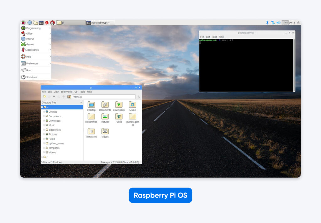 Escritorio de Raspberry Pi OS que muestra el administrador de archivos y ventanas de terminal abiertas sobre un fondo de carretera con un cielo de amanecer.