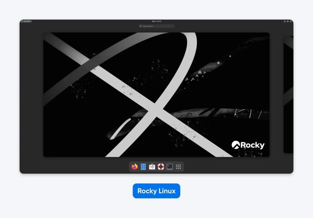 Rocky Linux desktop with dark interface, minimal dock icons, and black-and-white abstract wallpaper featuring the Rocky logo.