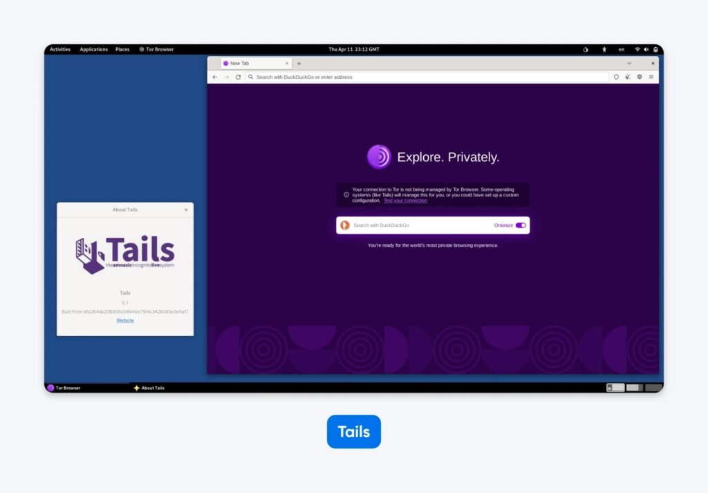Tails desktop showing the Tor Browser homepage with “Explore. Privately.” message and the Tails information window on the left.
