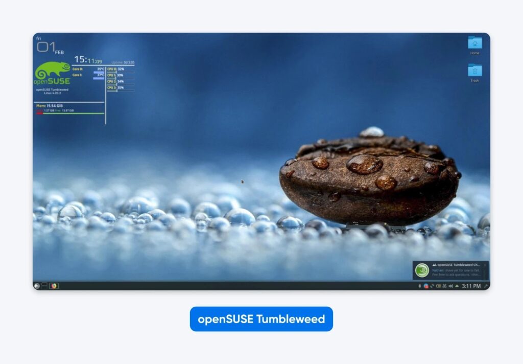 openSUSE Tumbleweed desktop with a blue background, system stats widget on the top left, and a close-up macro photo of a water-covered seed on the right.