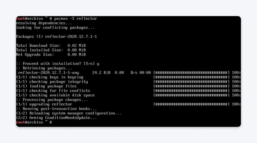 Terminal screenshot showing the installation of Reflector on Arch Linux using the pacman command, completing setup and configuration successfully.