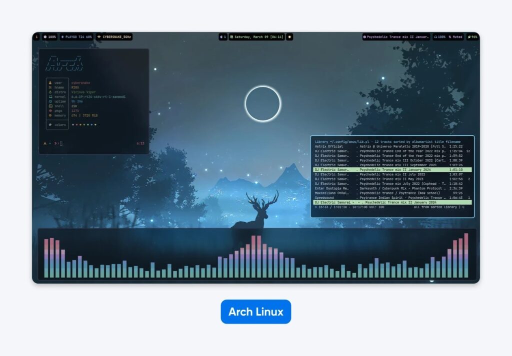 Arch Linux desktop with dark blue forest wallpaper, terminal windows open, and an audio visualizer bar displaying beneath a glowing ring.