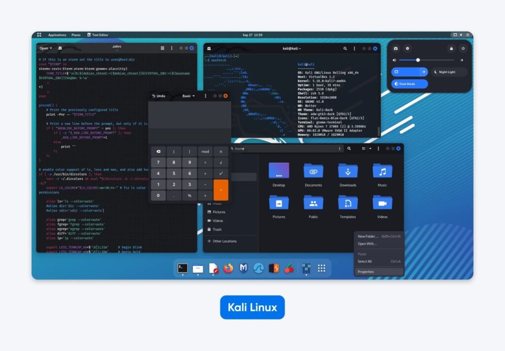 Kali Linux desktop with blue background showing terminal windows, file explorer, calculator, and system panel for editing network settings.