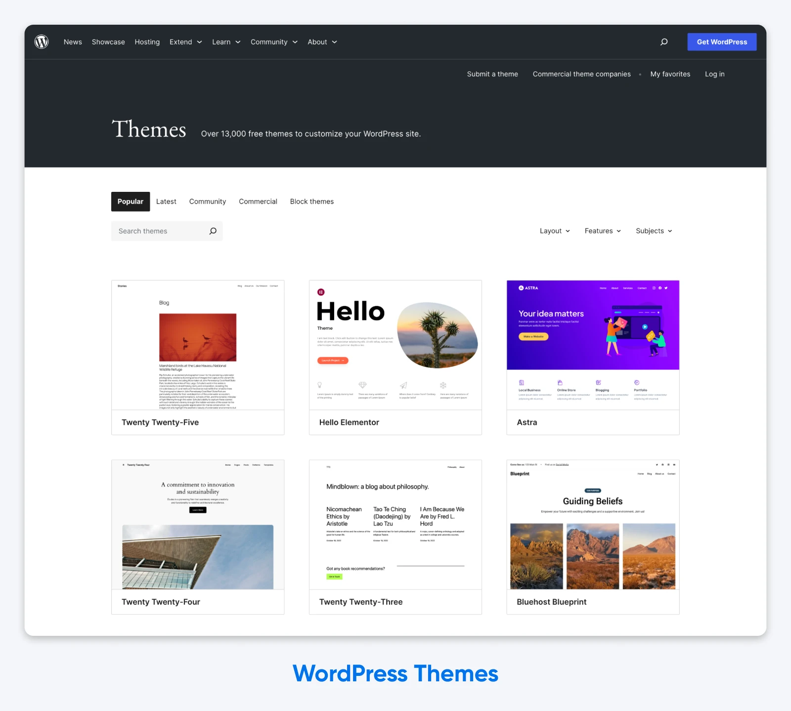 WordPress.org themes directory showing grid of theme previews including Twenty Twenty-Five, Hello Elementor, Astra, and Blueprint themes