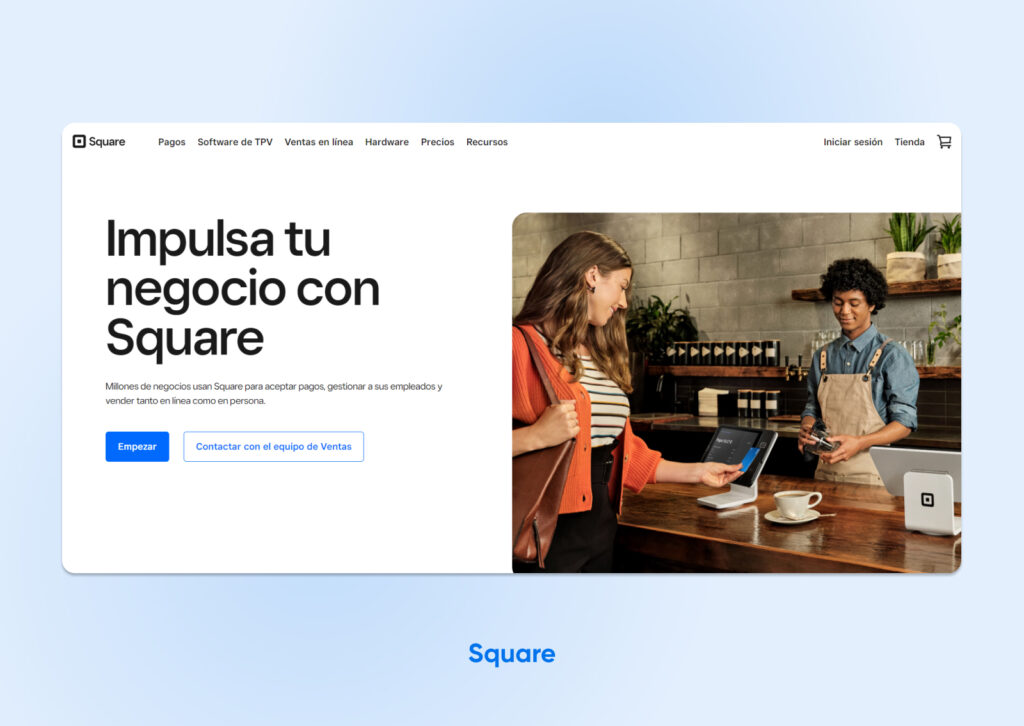 Screenshot El titular de la página de inicio de Square dice: "Impulsa tu negocio con Square" y muestra lectores de tarjetas.