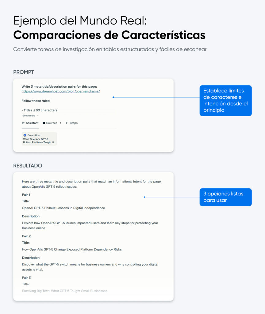 Prompt que solicita tres pares de títulos y descripciones meta