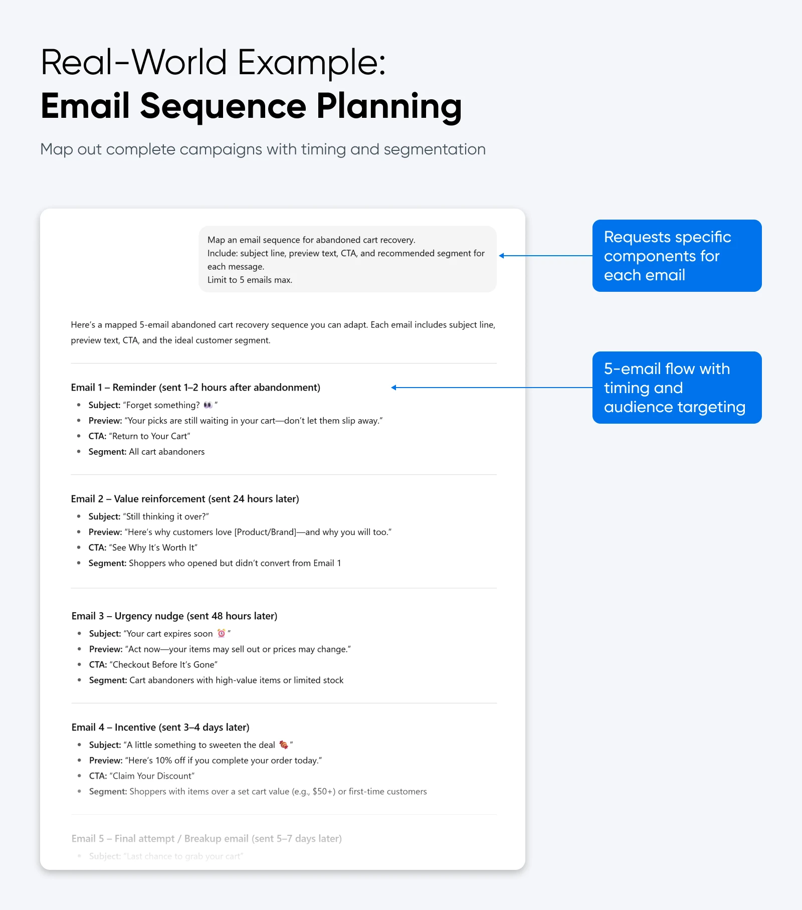 Five-email abandoned cart sequence with timing, subject lines, preview text, CTAs, and audience segments for each message.