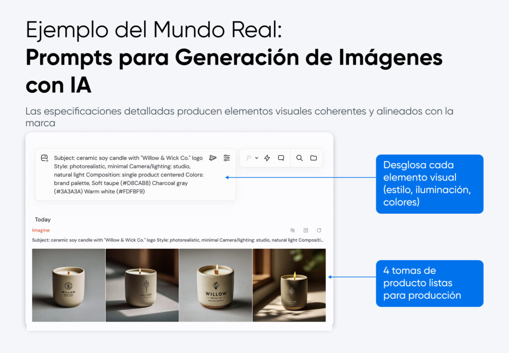 Prompt de generación de imágenes con IA que especifica el estilo fotorrealista de una vela