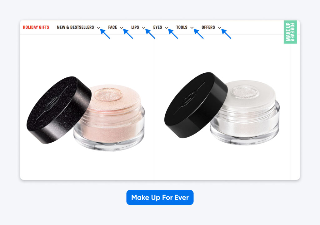 Encabezado del sitio web de Make Up For Ever con el menú de navegación; las flechas resaltan las categorías desplegables como rostro, labios, ojos, herramientas y ofertas.