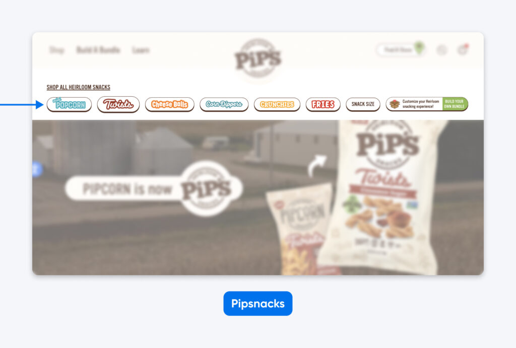 Encabezado del sitio web de PipSnacks que muestra una navegación horizontal por categorías de snacks con botones en forma de píldora, como palomitas, twists, bolas de queso y papas fritas.