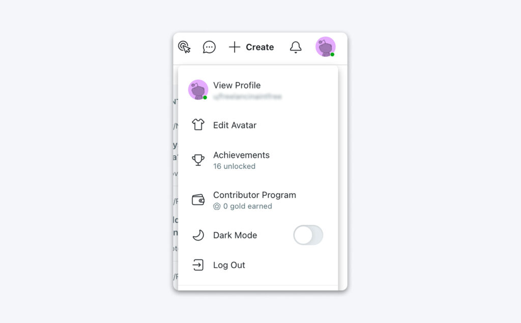 Menú desplegable del perfil de usuario con opciones para ver el perfil, editar el avatar, consultar logros, estadísticas de contribuidor, activar el modo oscuro y cerrar sesión.