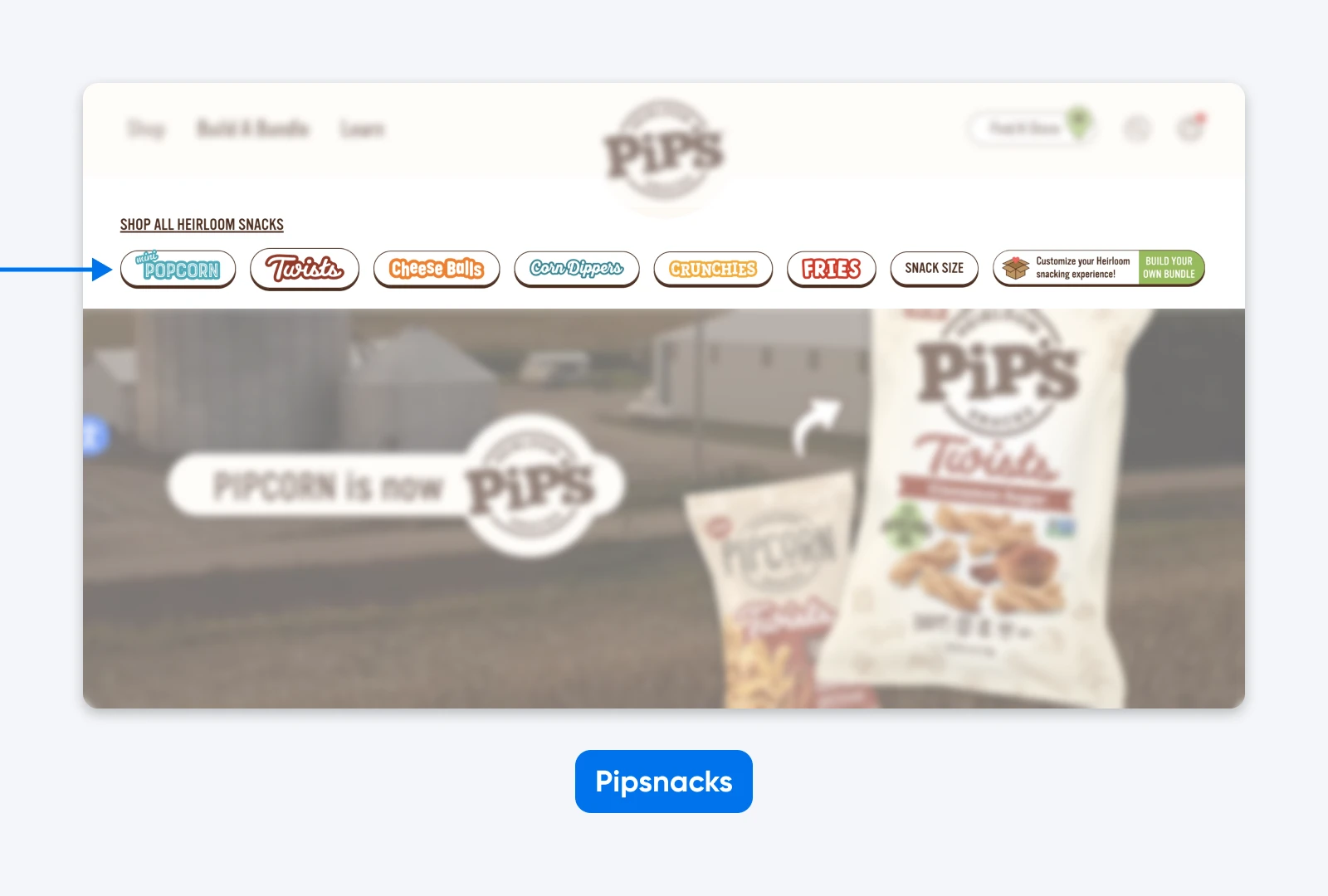 PipSnacks website header showing horizontal snack category navigation with pill-shaped buttons like popcorn, twists, cheese balls, and fries.