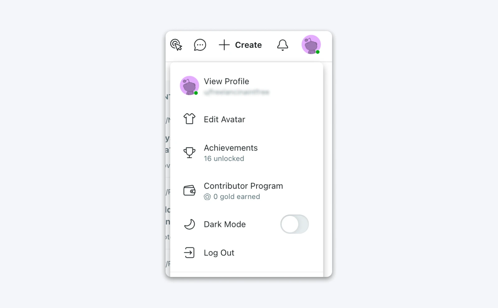 User profile dropdown menu with options for viewing profile, editing avatar, checking achievements, contributor stats, toggling dark mode, and logging out.