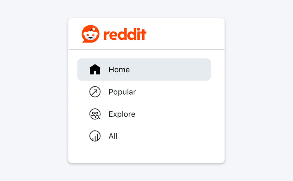 Menú lateral de Reddit que muestra las opciones Inicio, Popular, Explorar y Todo, con Inicio seleccionado.