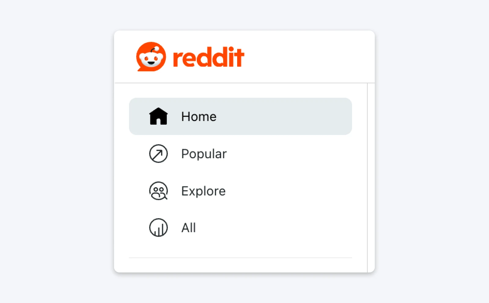 Reddit sidebar menu showing options for Home, Popular, Explore, and All, with Home selected.