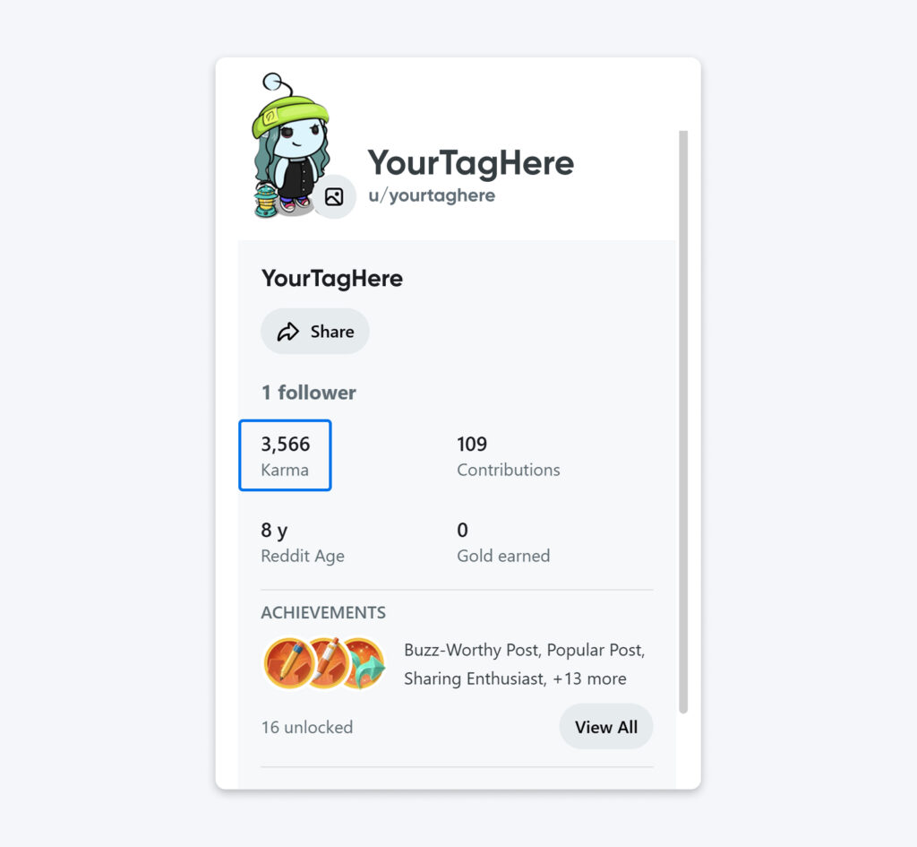 Tarjeta de perfil de usuario de Reddit que muestra el avatar, nombre de usuario, número de seguidores, karma, contribuciones, antigüedad de la cuenta, logros y botón de compartir.