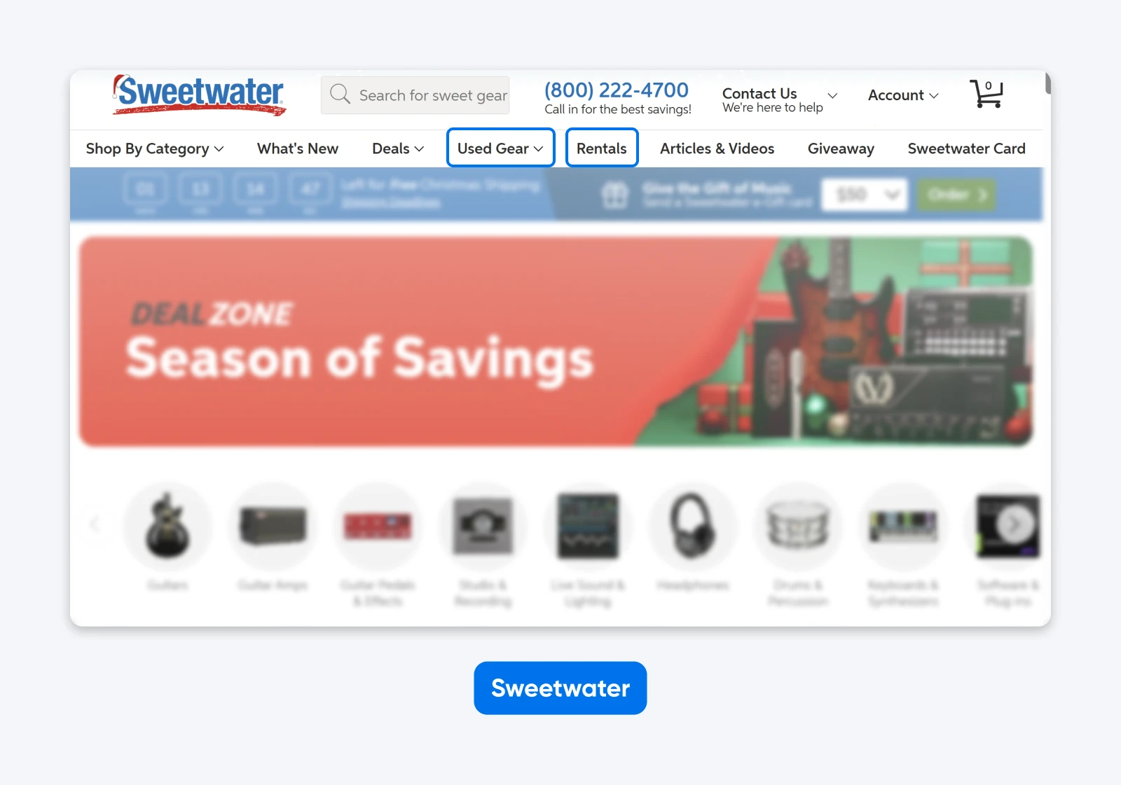 Sweetwater homepage with top navigation highlighting “Used Gear” and “Rentals,” showing secondary paths beyond standard product shopping.
