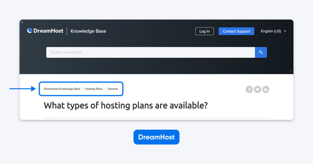 Página de un artículo de la base de conocimientos de DreamHost que muestra la navegación de migas de pan, resaltando Planes de Hosting > General sobre el título de la página.