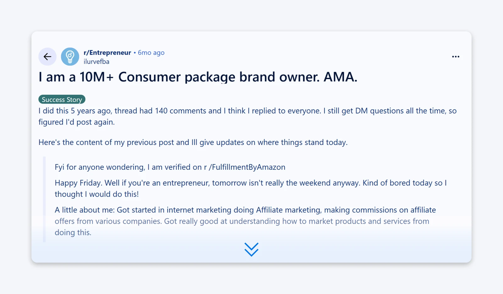 Reddit AMA post in r/Entrepreneur from a verified user claiming to own a $10M+ consumer brand, labeled as a success story.