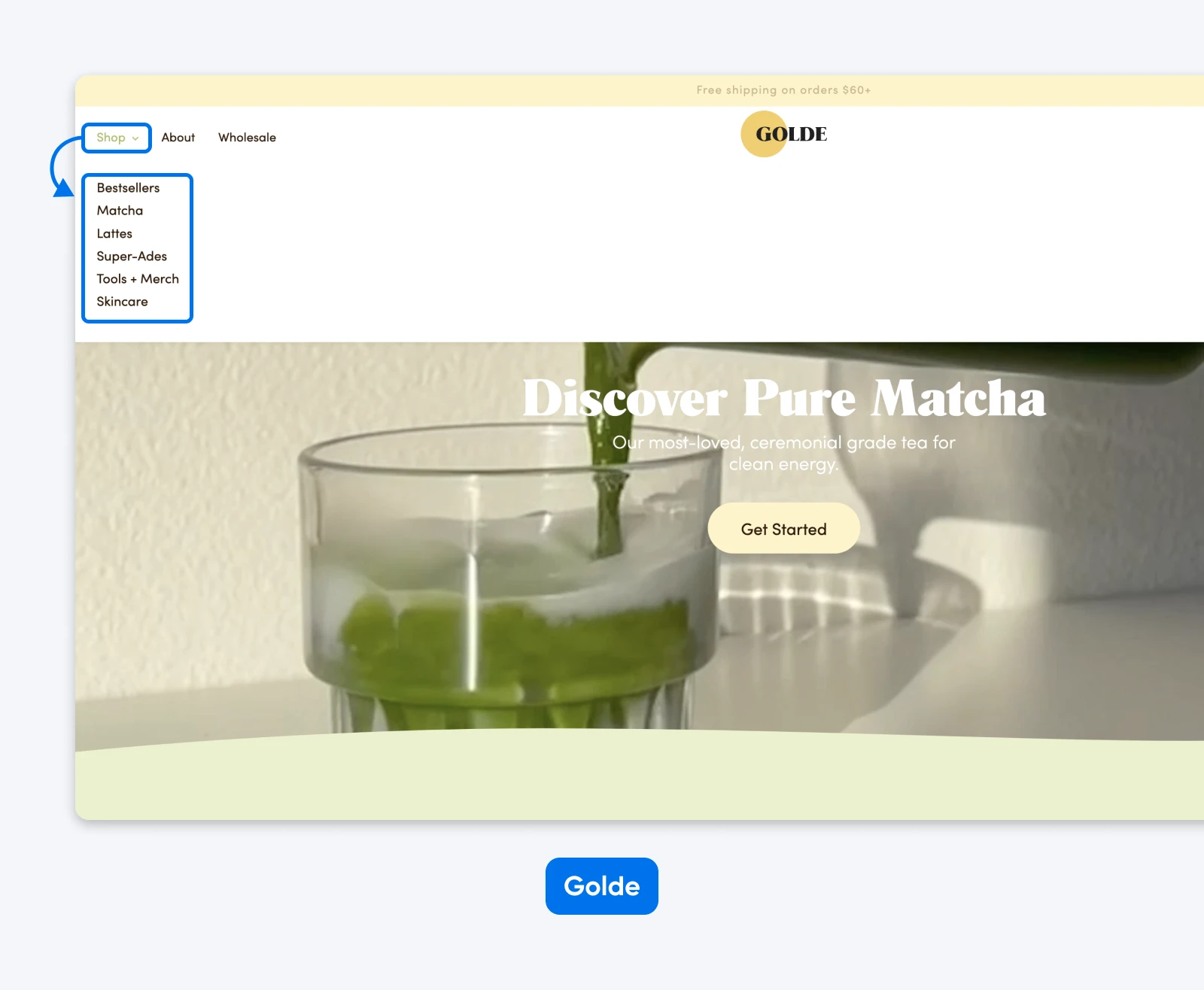 Golde website header with Shop dropdown menu open, showing product categories above a hero image of matcha being poured.