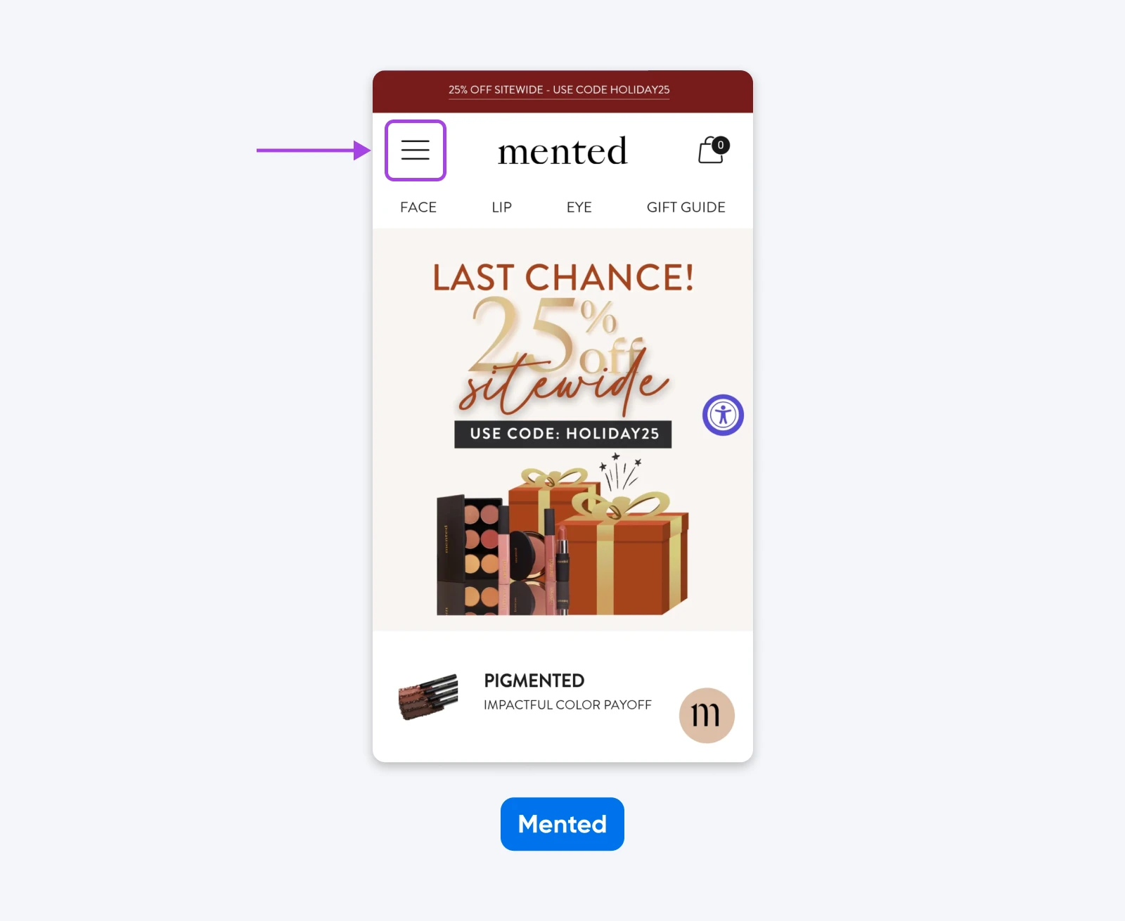 Mobile Mented homepage with a highlighted hamburger menu button in the header above a holiday sale banner and featured products.