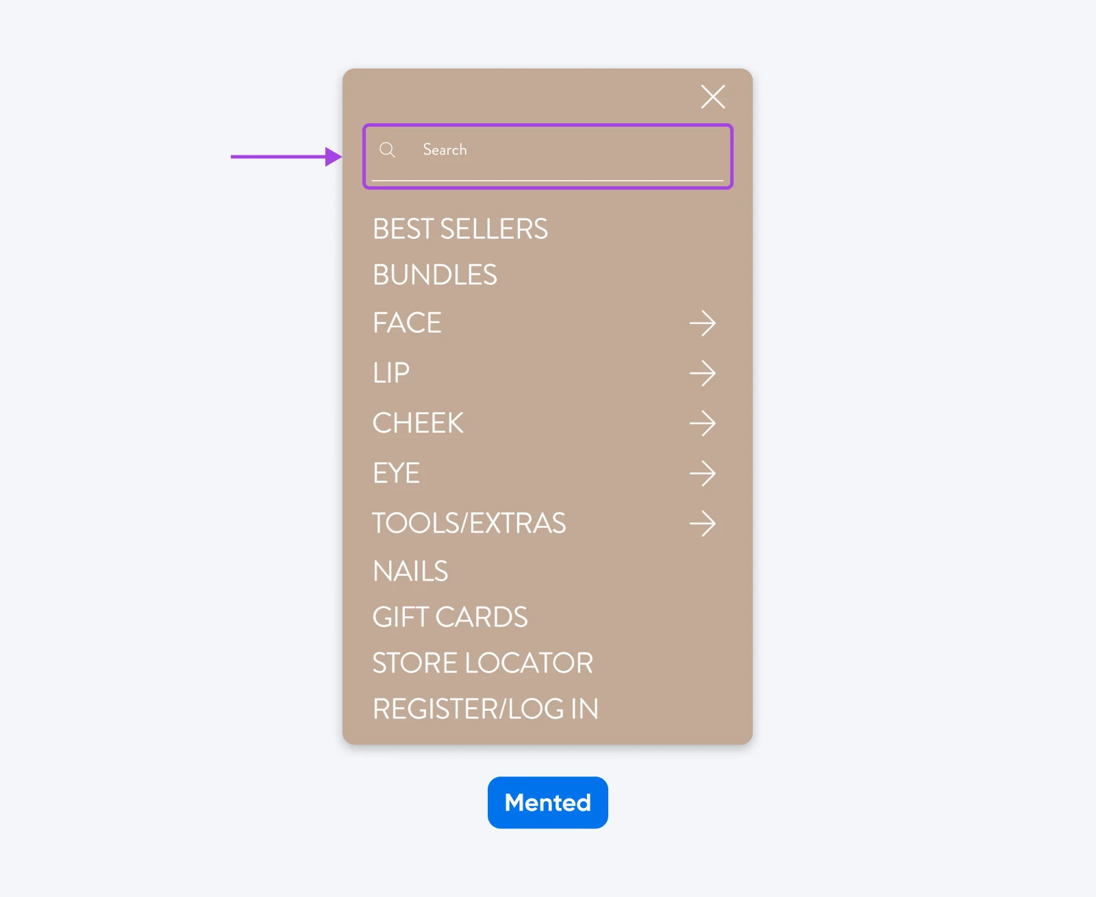 Mobile Mented slide-out navigation menu showing a highlighted search field at the top, followed by product category links and account options.