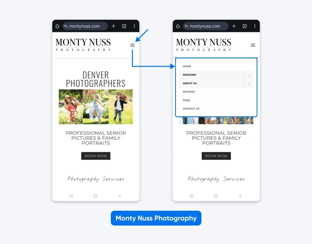 Vista móvil de un sitio web de fotografía que muestra un menú hamburguesa desplegado, revelando una lista de navegación simple con enlaces como Inicio, Sesiones y Contacto.