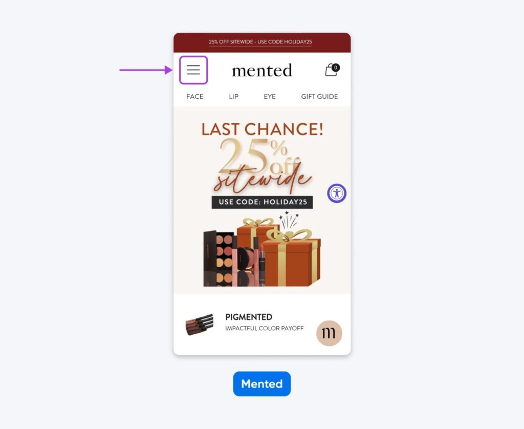 Página de inicio móvil de Mented con un botón de menú hamburguesa destacado en el encabezado, sobre un banner de oferta navideña y productos destacados.