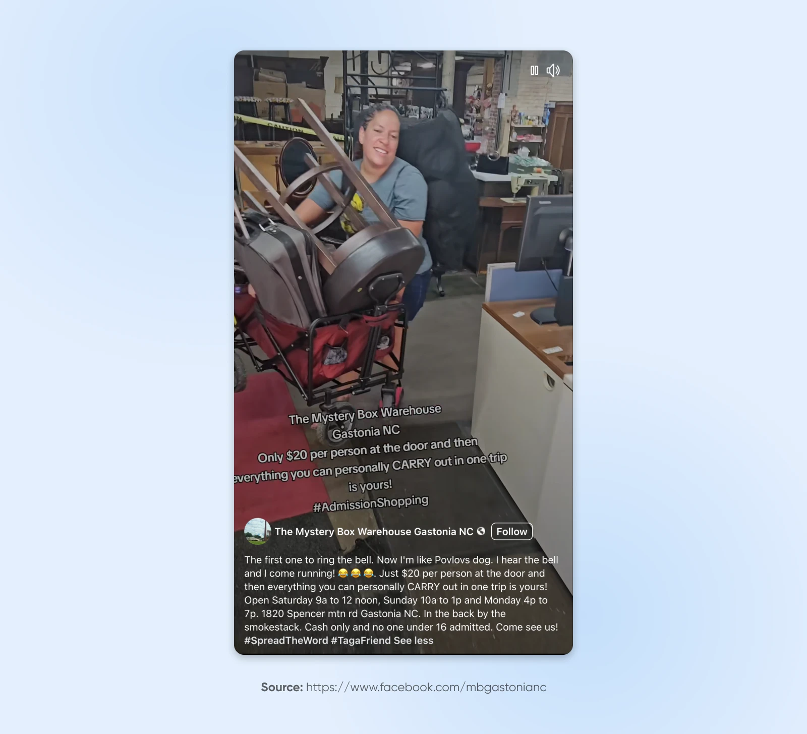 Video showing warehouse interior with person smiling, advertising $20 admission for carry-out shopping at Mystery Box Warehouse in Gastonia NC