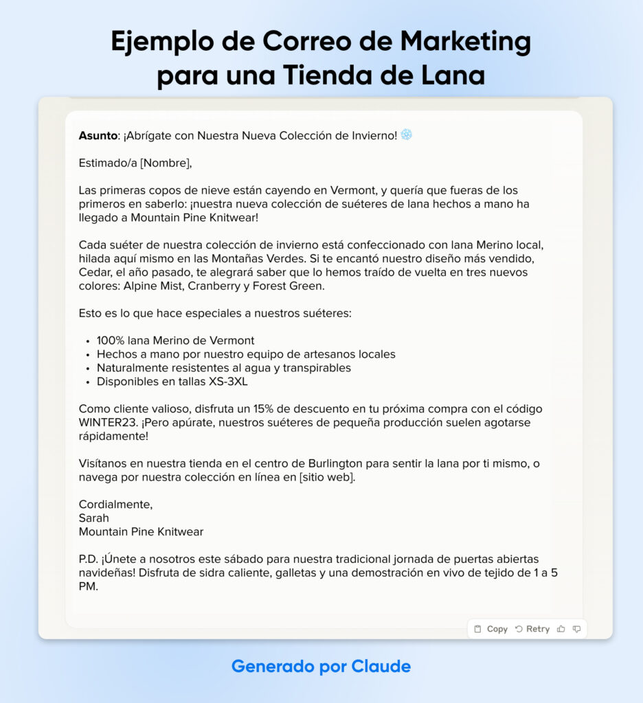 Plantilla de correo de marketing para una tienda de lana, que incluye el anuncio de la nueva colección de invierno, detalles del producto, código de descuento e invitación a un evento.