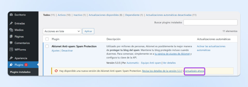 Página de plugins de WordPress mostrando una actualización disponible para el plugin Converter for Media, con la versión 6.2.0 lista para instalar.