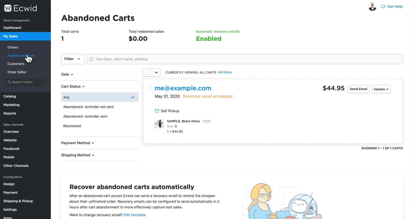 Ecwid’s abandoned cart recovery automation 