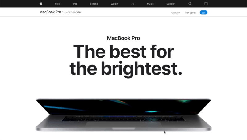 Apple website showing a MacBook Pro with tagline "The best for the brightest" and an image of the laptop with animated opening/closing screen.