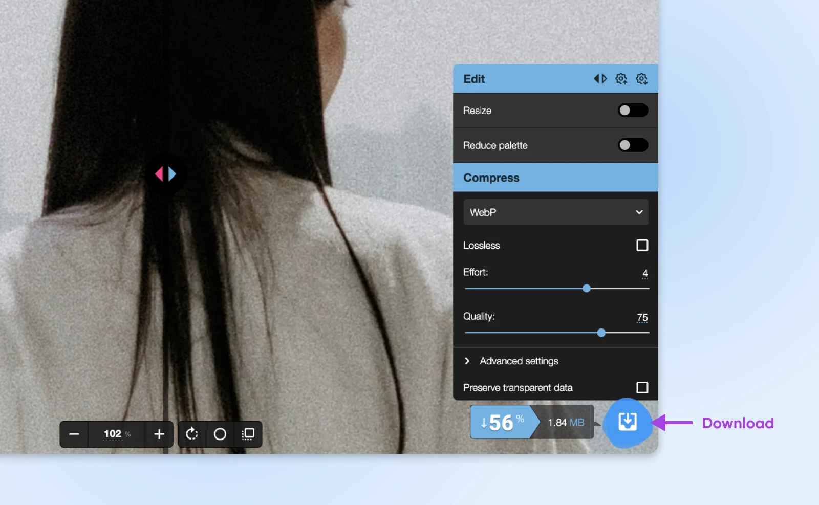 Bildkomprimierungsschnittstelle, die Person von hinten mit dem Einstellpanel angezeigt wird und das Webp -Format, Qualitätseinstellungen und 1,84 MB -Dateigröße mit Download -Schaltfläche Anzeige anstellen.