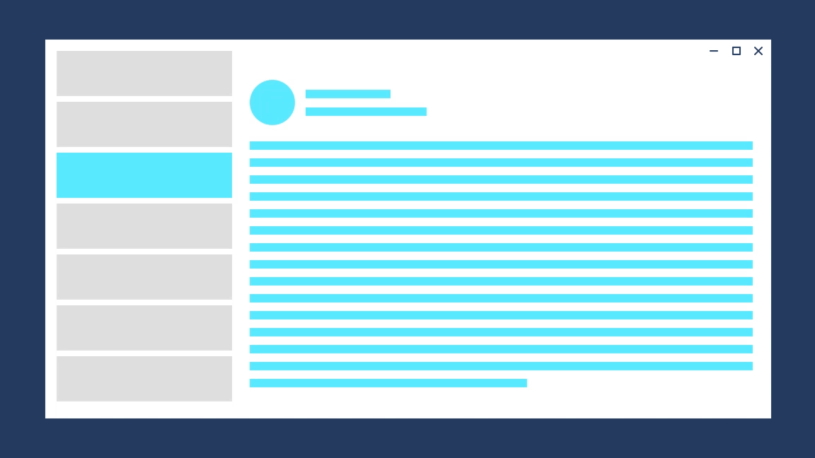 basic block visualization of page transitions moving down menu items on the left with new block content popping up on the right