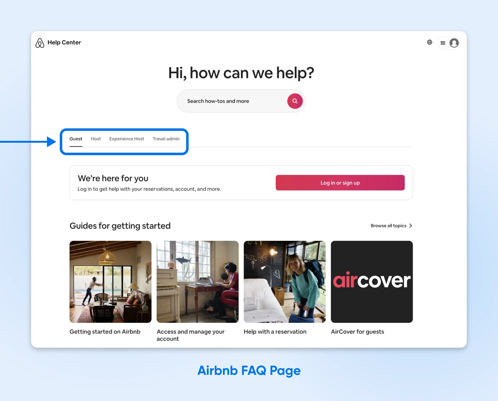 Airbnb Help Center homepage with user role tabs, search bar, login prompt, and getting started guides for various user needs.