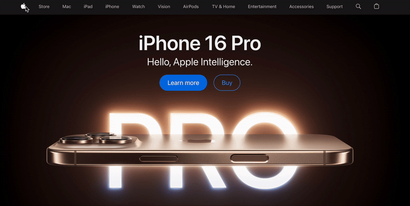 iPhone 16 pro homepage transition showing a mouse moving over top menu options and the subsequent drop-down menus