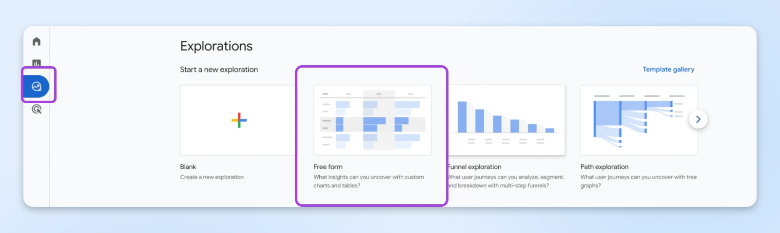 Data exploration interface showing four visualization options with "Free form" highlighted for creating custom charts and tables.
