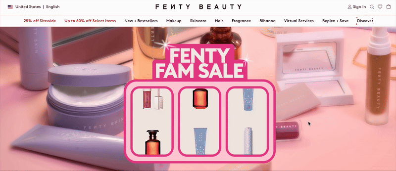 Fenty Fam Sale with slot-machine style animation that runs through icons and ends with all three boxes showing "25% off"
